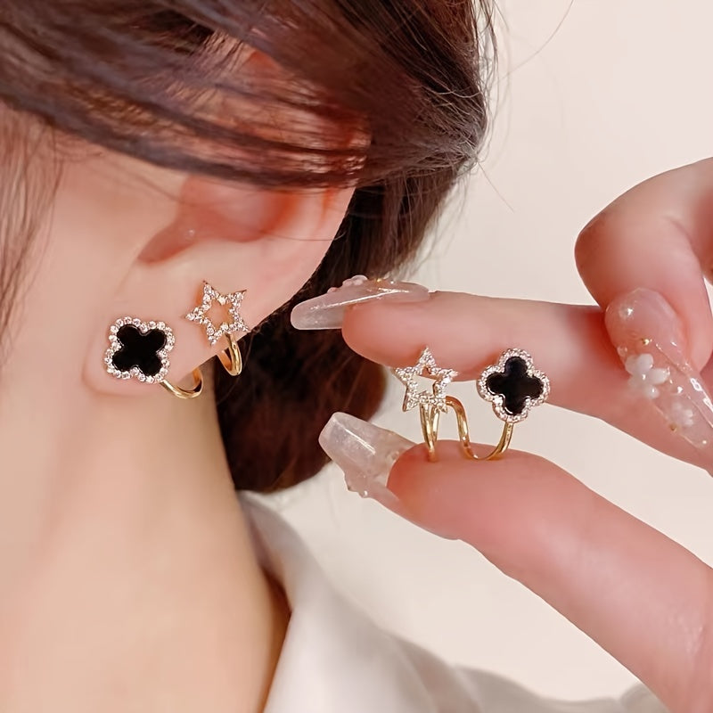 1 pair Elegant & Cute Style, Black Four Leaf Flower Stud Earrings For Ladies, Fashion Temperament Accessory For Daily Wear & Party, Idea Gift