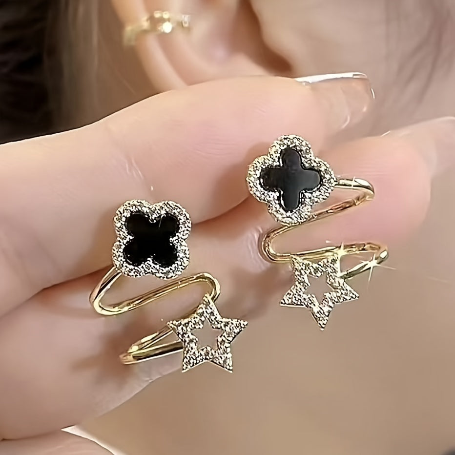 1 pair Elegant & Cute Style, Black Four Leaf Flower Stud Earrings For Ladies, Fashion Temperament Accessory For Daily Wear & Party, Idea Gift