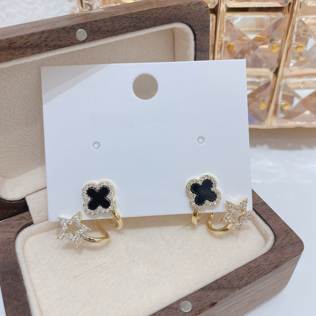 1 pair Elegant & Cute Style, Black Four Leaf Flower Stud Earrings For Ladies, Fashion Temperament Accessory For Daily Wear & Party, Idea Gift