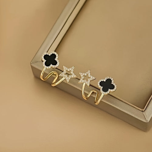 1 pair Elegant & Cute Style, Black Four Leaf Flower Stud Earrings For Ladies, Fashion Temperament Accessory For Daily Wear & Party, Idea Gift