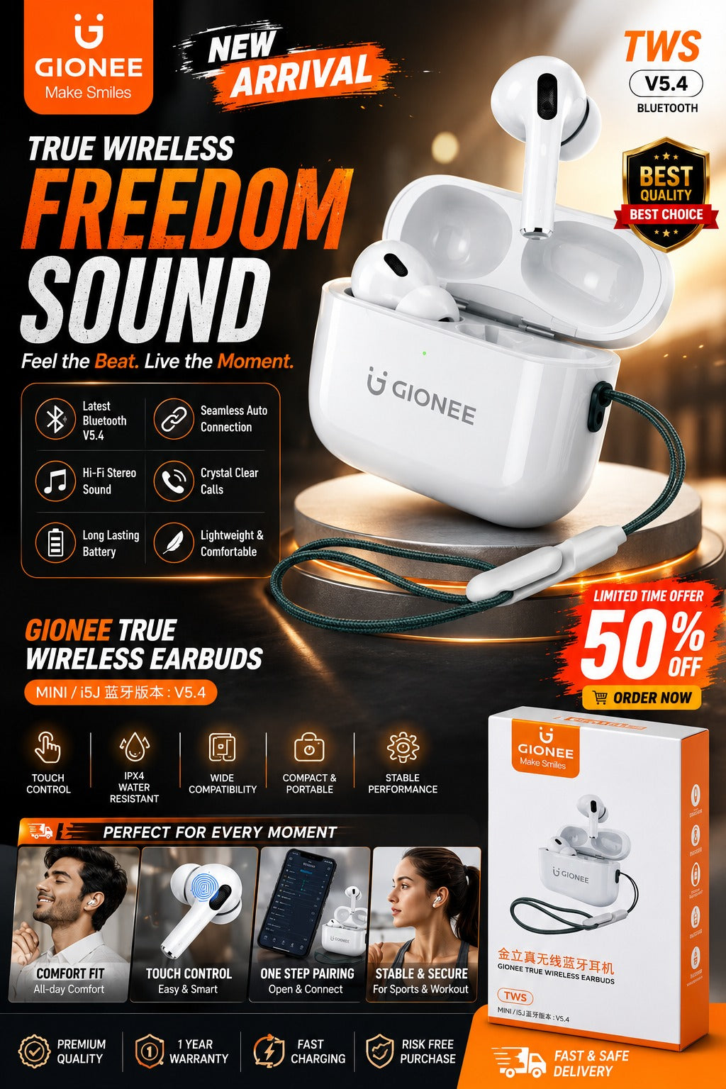 Gionee TWS Wireless Earbuds Bluetooth 5.4 with Charging Case