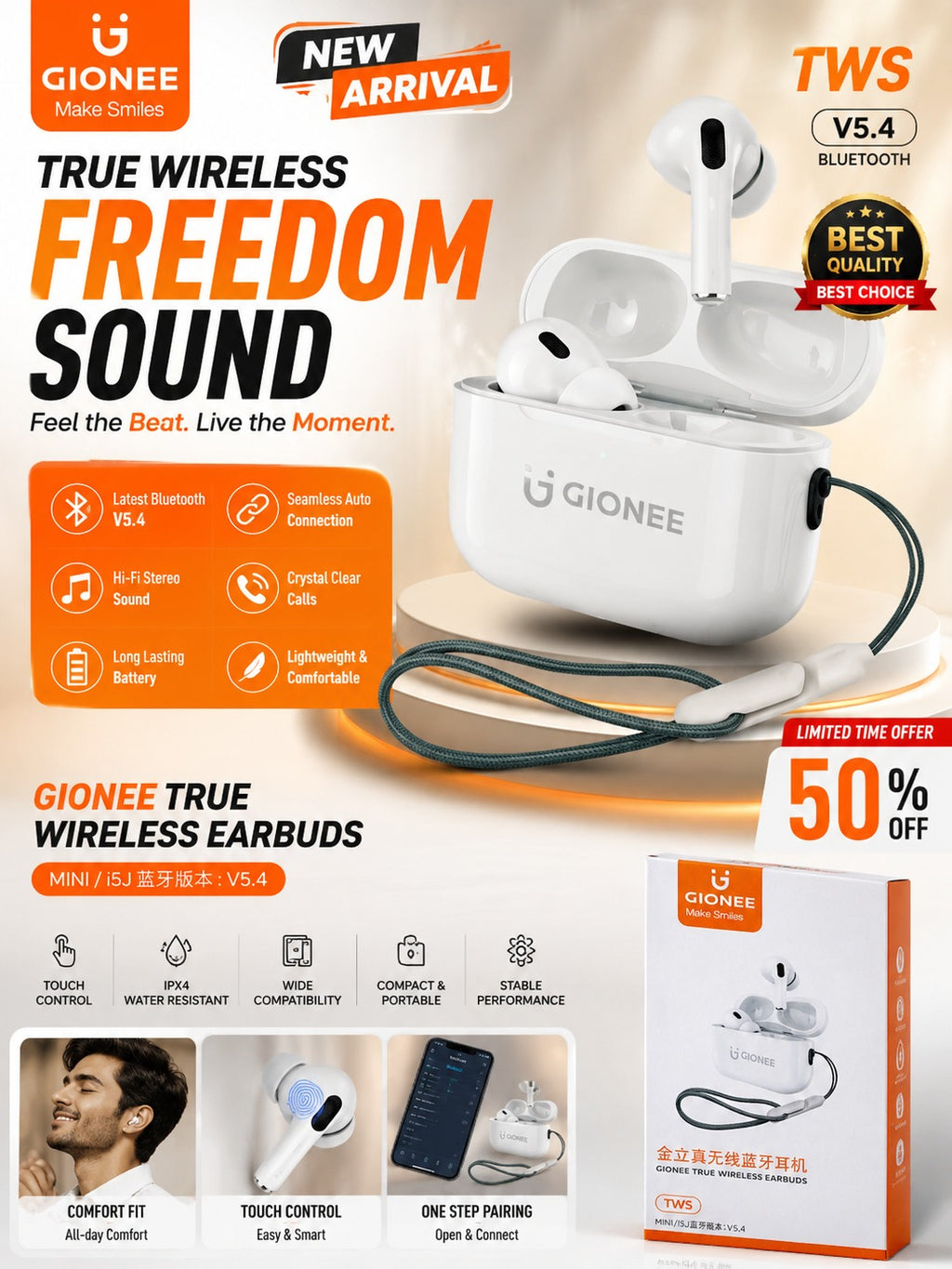 Gionee TWS Wireless Earbuds Bluetooth 5.4 with Charging Case