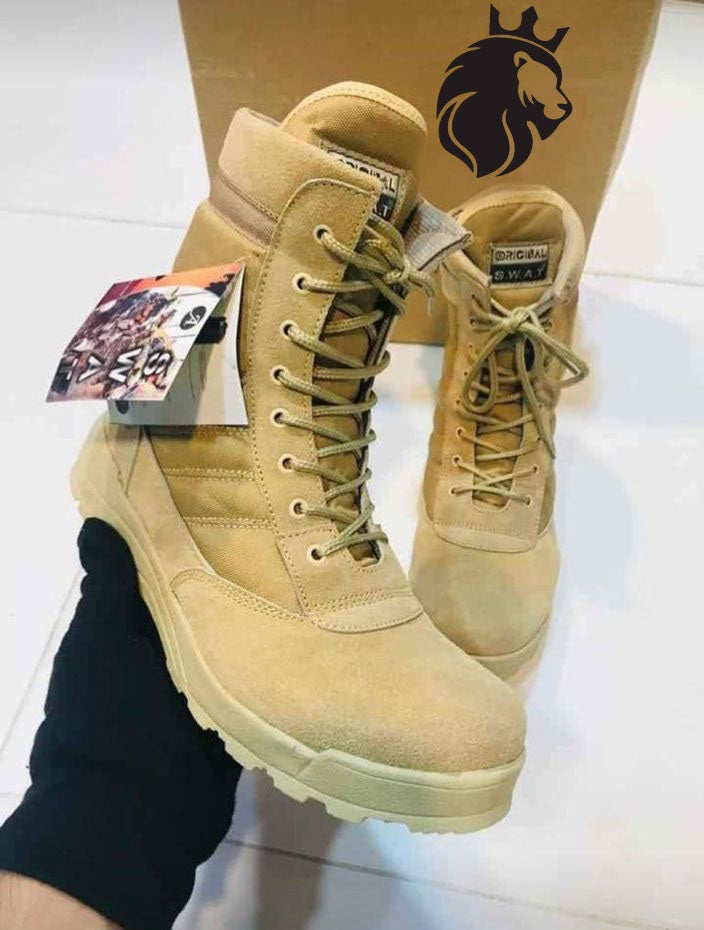Men's Synthetic Leather Fancy Knee High Boots (Beige SWAT)