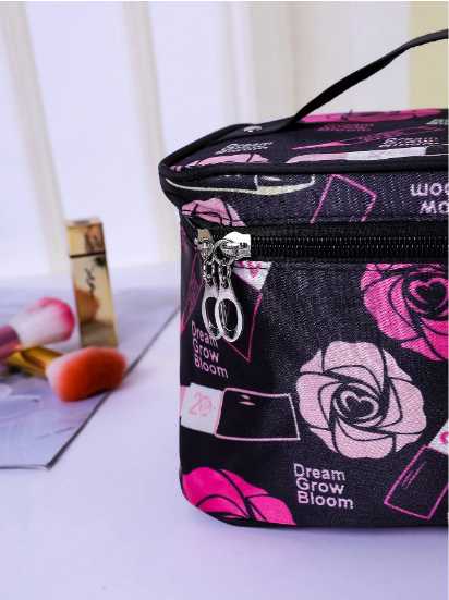 Women Makeup Bag Flower & Lipstick Print Zipper Cosmetic Organizer