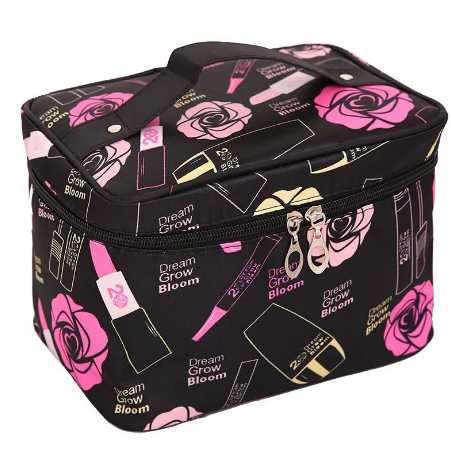 Women Makeup Bag Flower & Lipstick Print Zipper Cosmetic Organizer