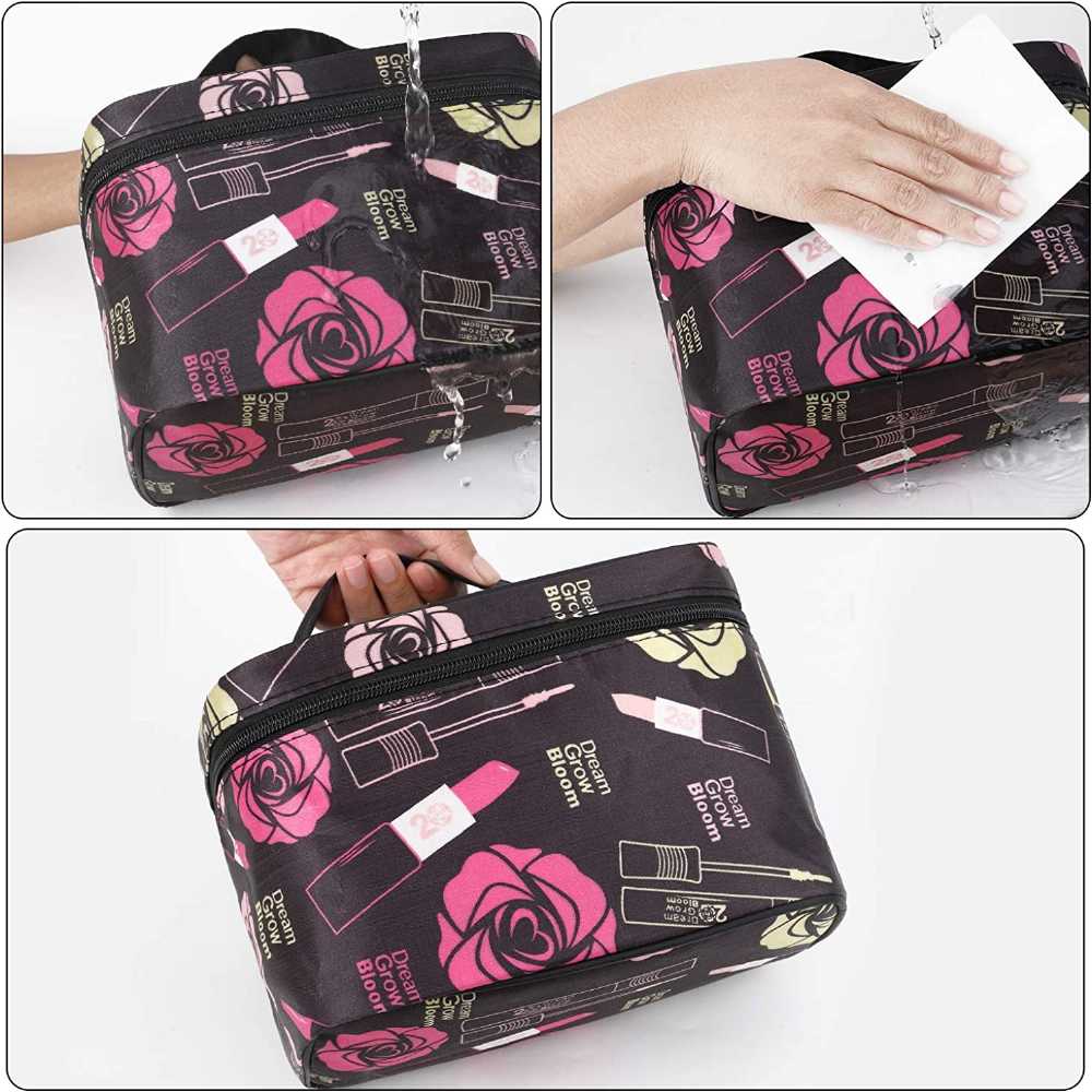 Women Makeup Bag Flower & Lipstick Print Zipper Cosmetic Organizer