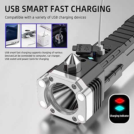 Emergency Survival Torch with Rechargeable LED Flashlight, Glass Breaker, Cutter Blade – Ideal Car Safety Tool for Night Travel or Rescue