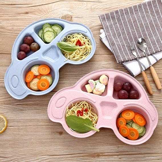 Car-Shaped Kids' Meal Set – 4 Pcs Divided Plate with Spoon & Sticks