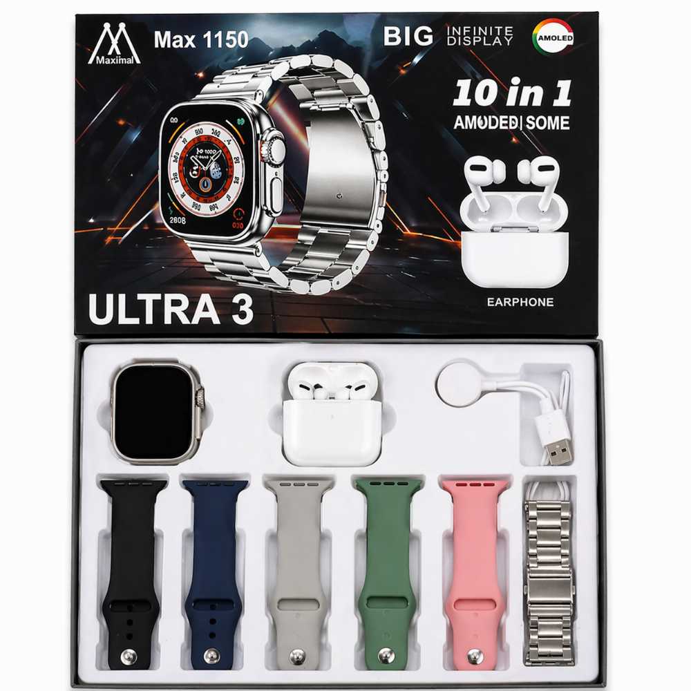 Ultra 3 Smart Watch 10-in-1 Combo with Wireless Earbuds, Multiple Straps & AMOLED Display – Max 1150 Series