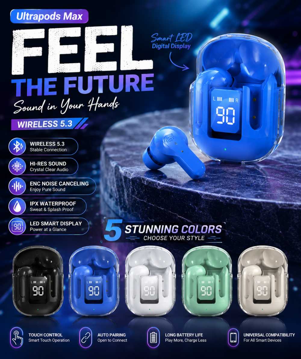 Ultrapods Max Wireless 5.3 Earbuds with LED Display, Hi-Res Sound & ENC Noise Cancelling