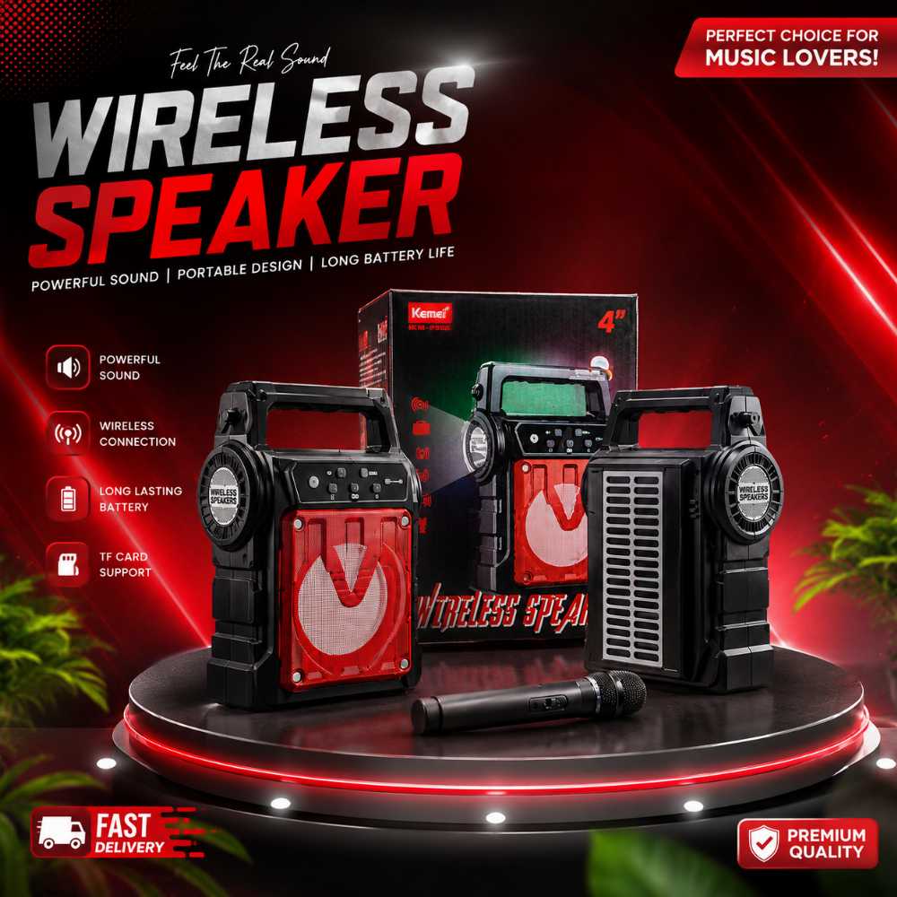 Kemei 4 Inch Portable Wireless Bluetooth Speaker with LED Light, FM Radio & Rechargeable Battery