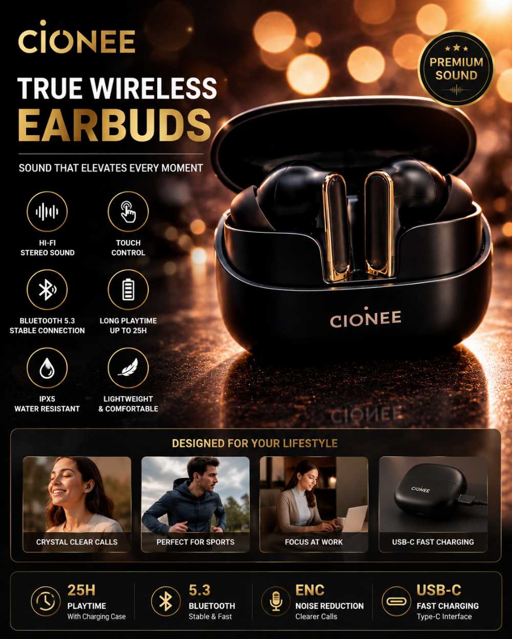 GIONEE True Wireless Earbuds Bluetooth 5.3 – ENC Noise Reduction, Hi-Fi Stereo Sound, Touch Control, USB-C Fast Charging, IPX5 Waterproof