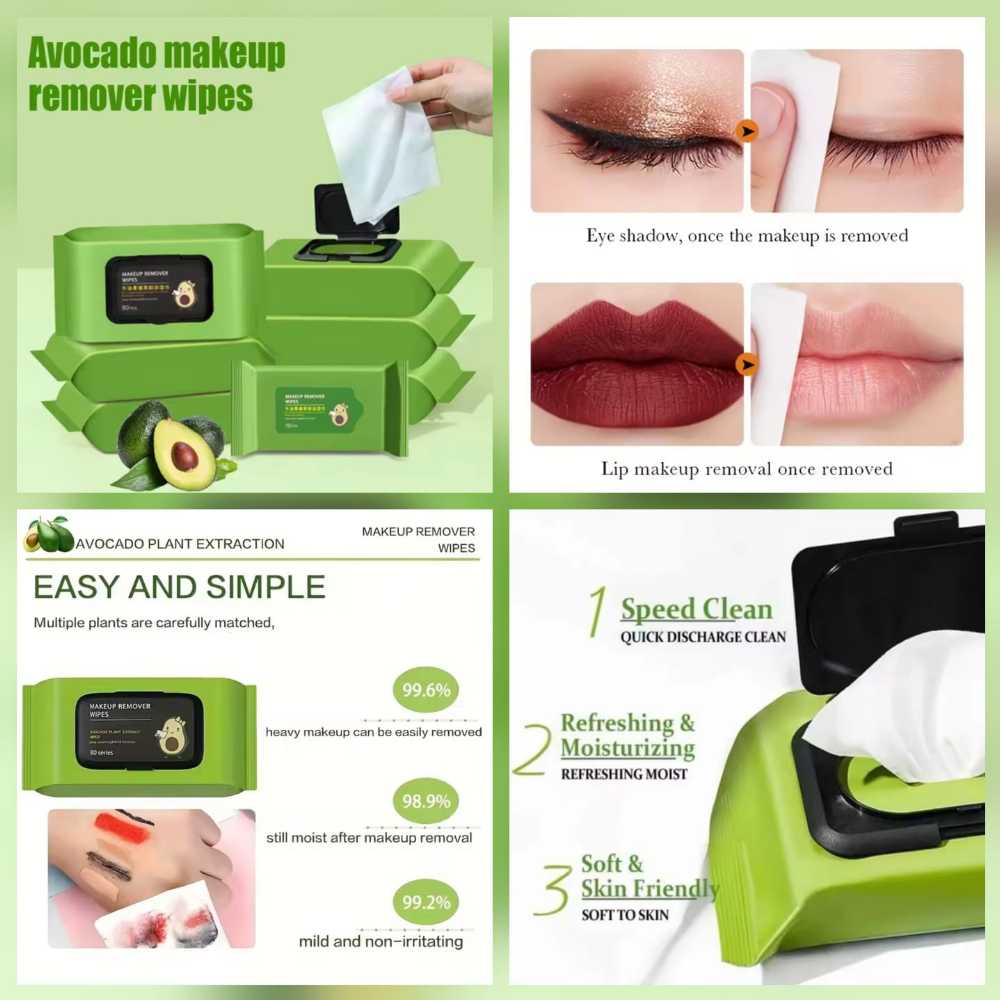 Avocado Makeup Remover Wipes (80 Pcs) – Soothing & Hydrating Face Cleanser
