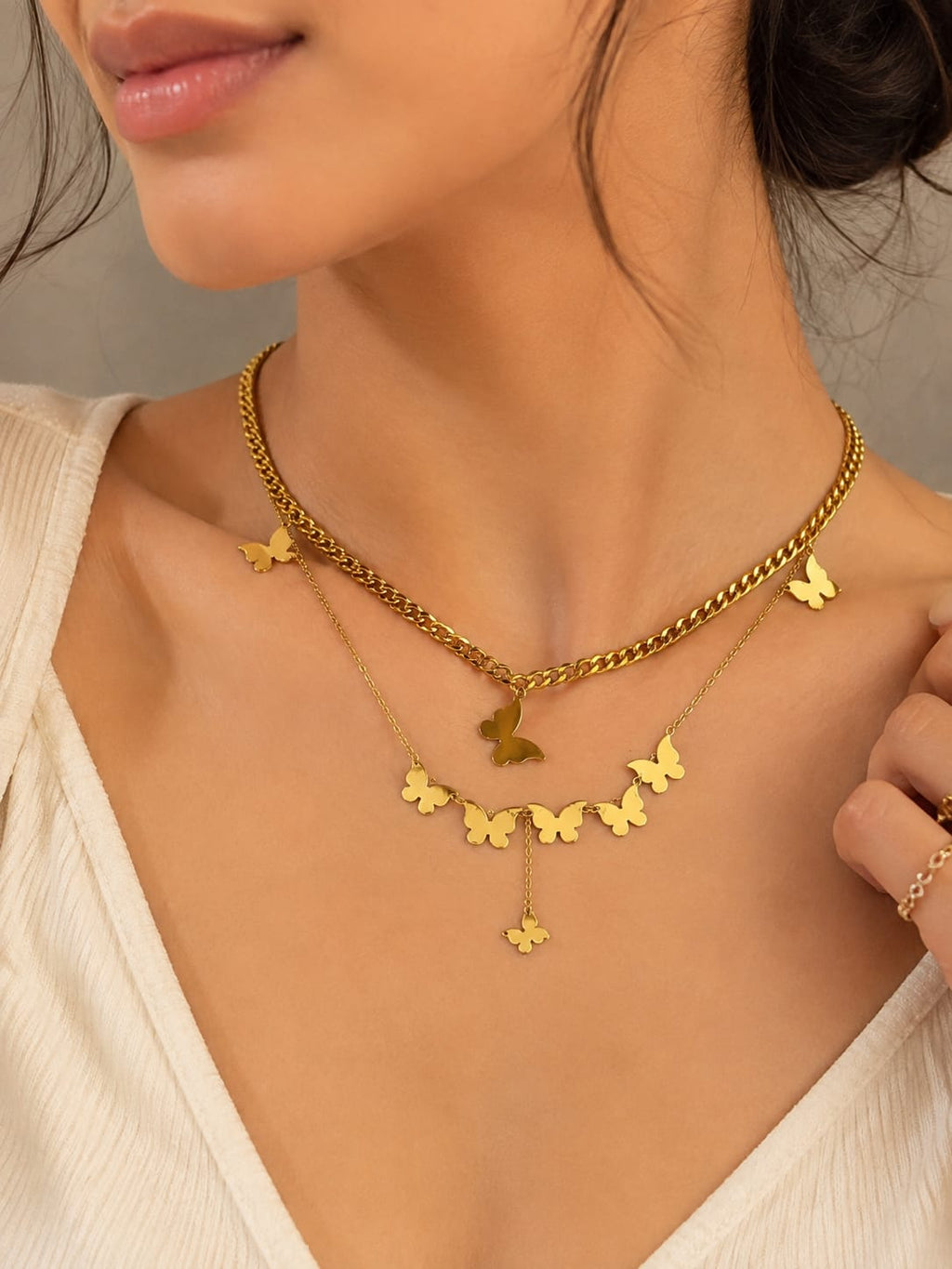 Gold Layered Butterfly Charm Necklace Set