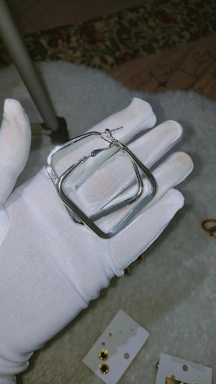 Geometric Square Hoop Earrings – Silver Finish