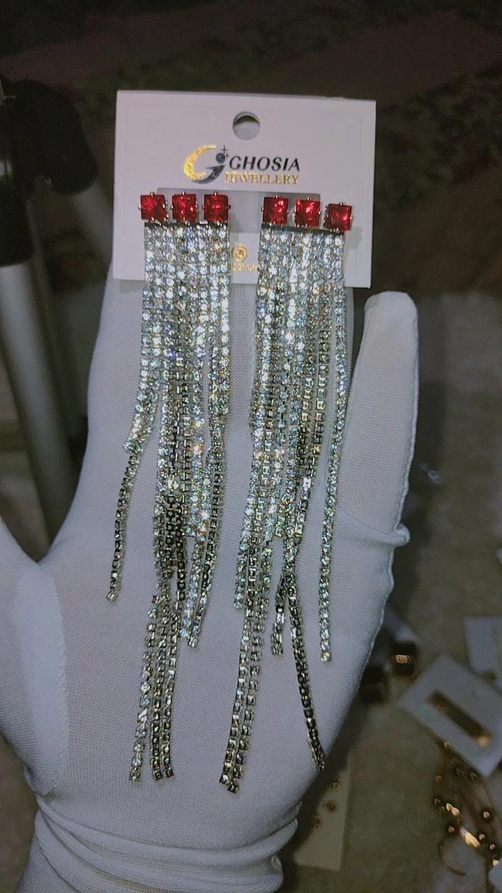 Glamorous Red & Crystal Rhinestone Tassel Drop Earrings