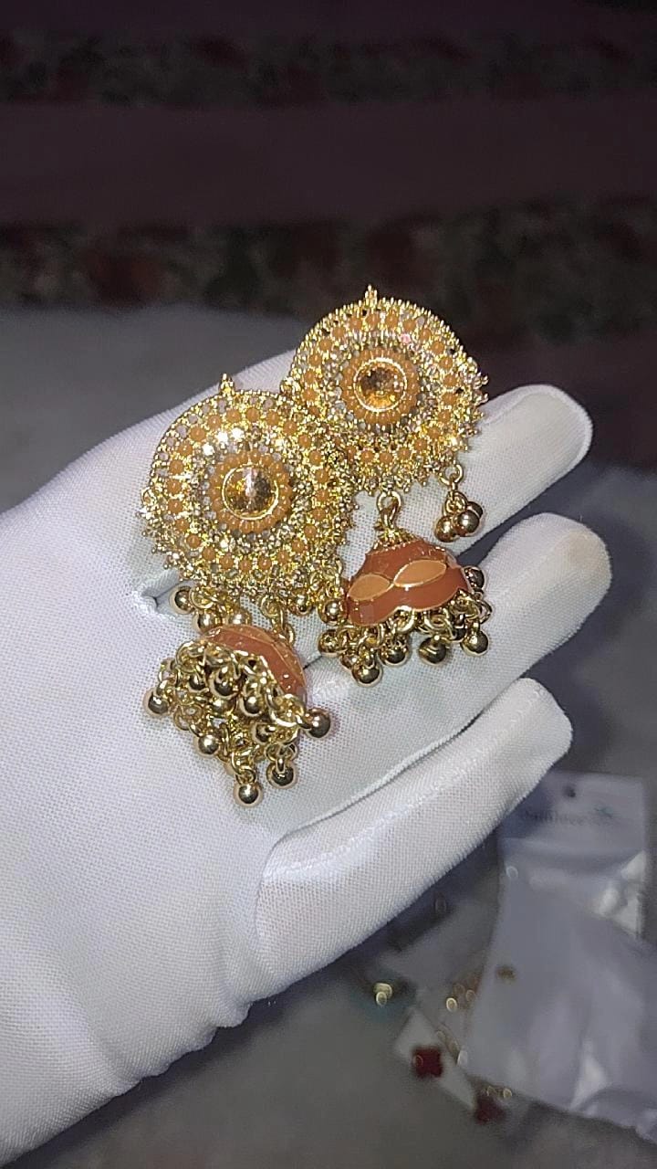Elegant Traditional Gold & Peach Jhumka Earrings