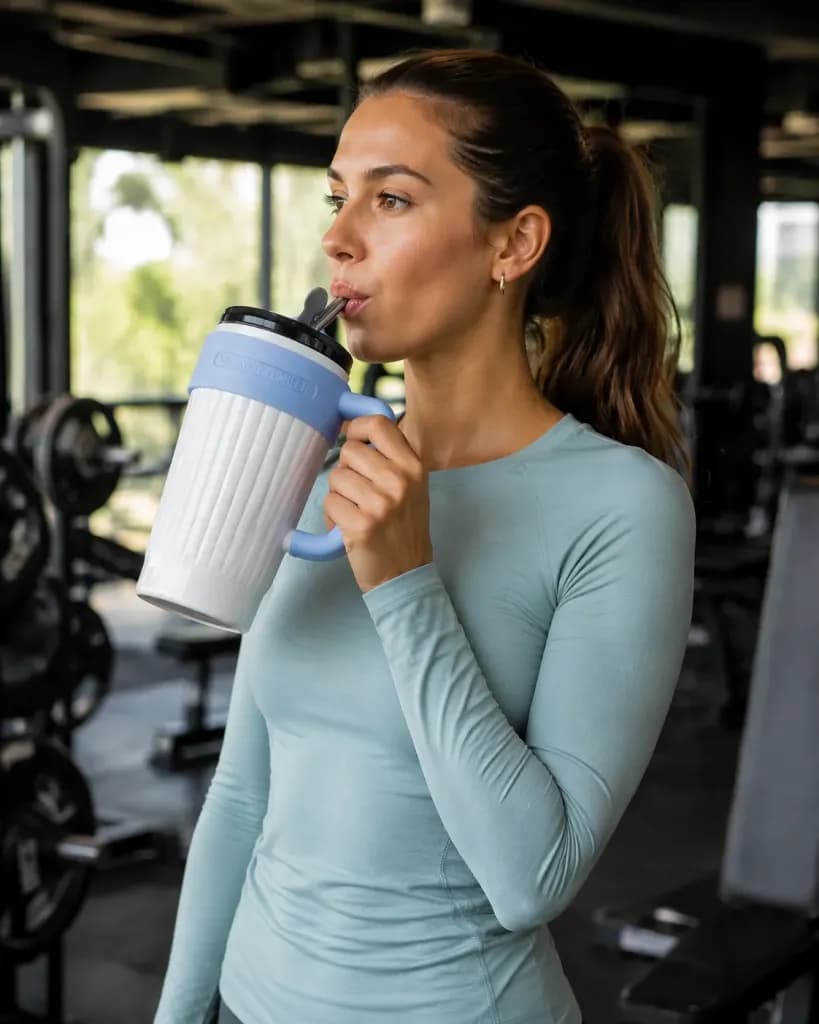 Premium Insulated Stainless Steel Mug with Straw & Handle – Light Blue Accent