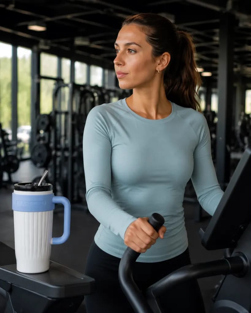 Premium Insulated Stainless Steel Mug with Straw & Handle – Light Blue Accent