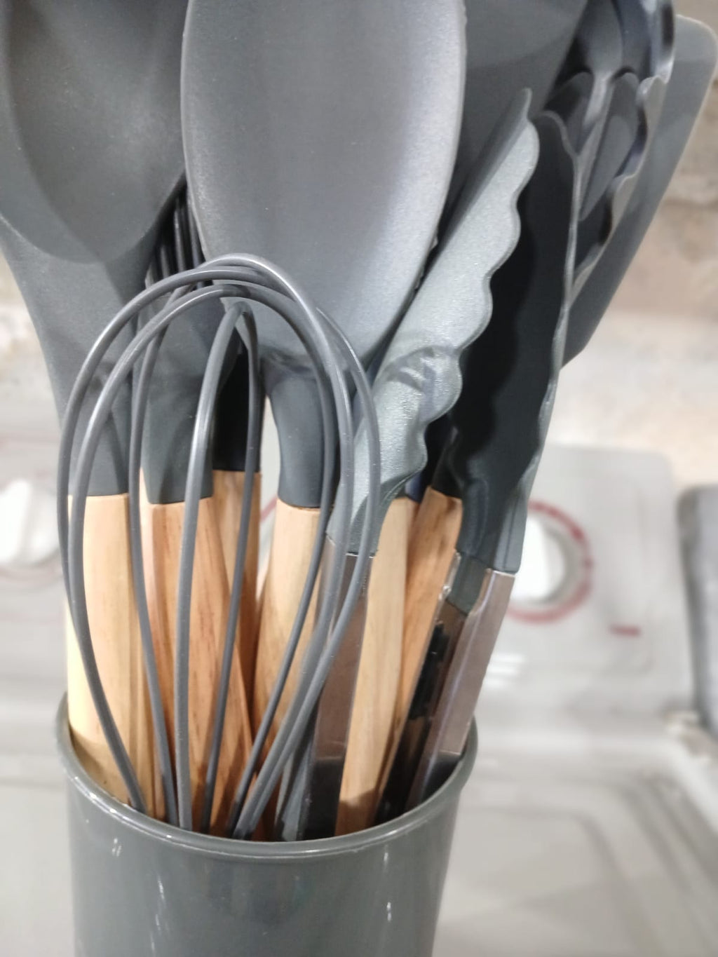 Silicone & Wood Kitchen Utensil Set with Holder