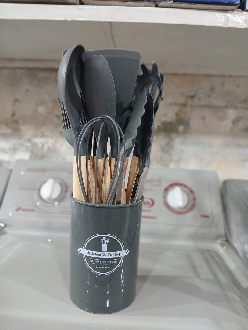 Silicone & Wood Kitchen Utensil Set with Holder