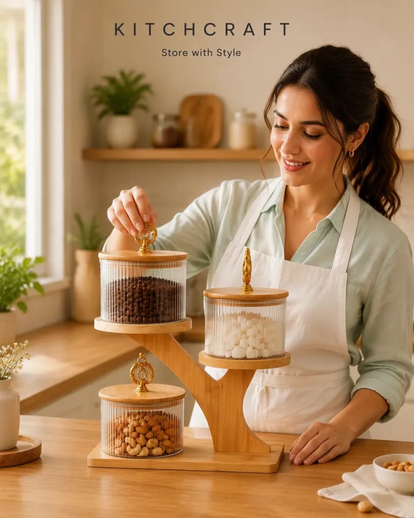 KitchCraft 3-Piece Storage Jar Set with Tiered Wooden Stand