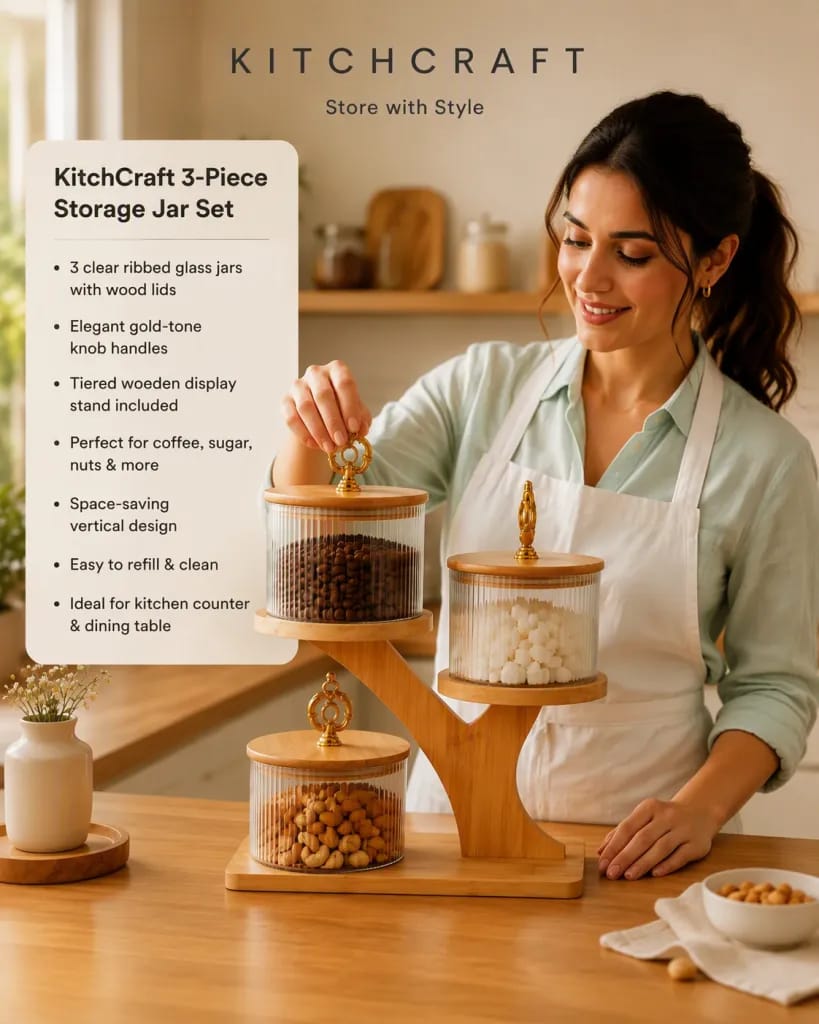 KitchCraft 3-Piece Storage Jar Set with Tiered Wooden Stand