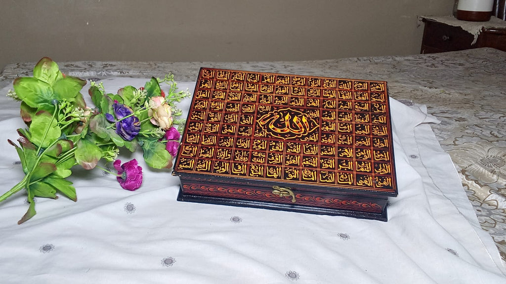 hand-crafted wooden Quran box combines traditional art with practical storage.