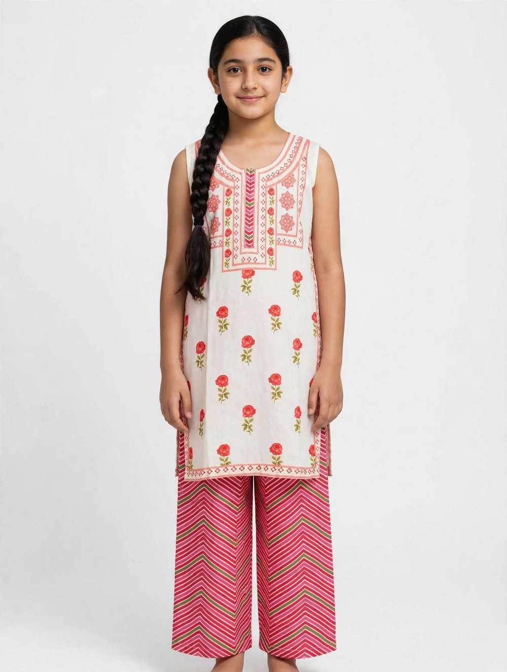 Girls White Floral Co Ord Set (Separate Sleeves Included)