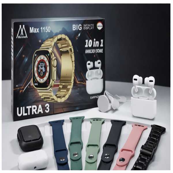 Ultra 3 Smart Watch 10-in-1 Combo with Wireless Earbuds, Multiple Straps & AMOLED Display – Max 1150 Series